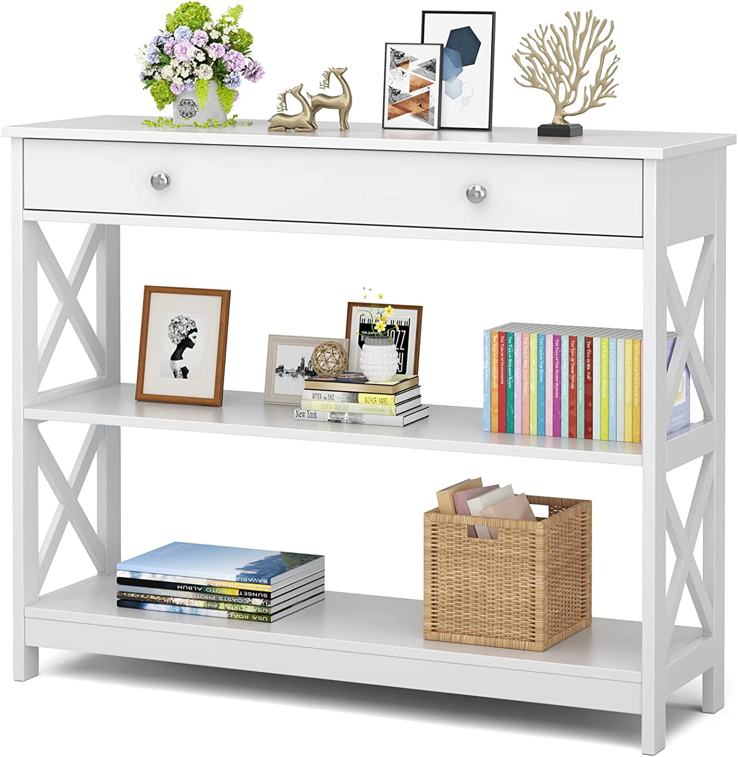 KOTEK Console Table with Drawer and Storage Shelves, Narrow Sofa Table ...