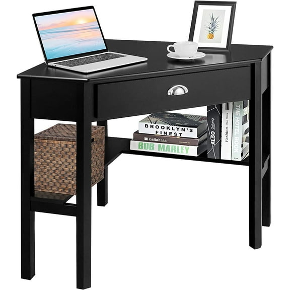 KOTEK Corner Desk with Drawer and Shelves, Wooden Home Office Desk Triangle Computer Desk, Writing Study Desk Computer Workstation, Makeup Vanity Table (Black)