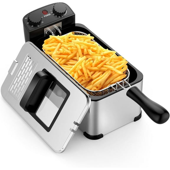 KOTEK Deep Fryer with Basket, 3.2QT/12-Cup Stainless Steel Electric Fryer w/Temperature Control, 60 Min Timer, Lid w/Viewable Window, 1700W Small Deep Fat Fryer for Home, Kitchen, Restaurant (3.2QT)