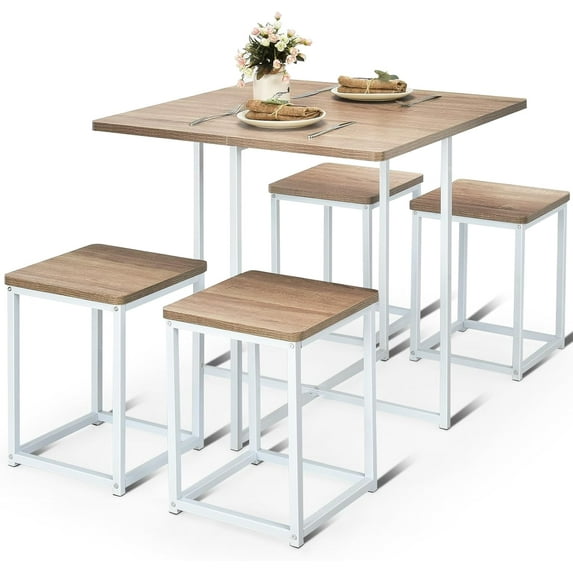 KOTEK Dining Table Set for 4, Kitchen & Dining Room Table Sets with 4 Square Stools, Metal Frame, 5 Piece Compact Kitchen Table and Chairs for Small Space (Beige & White)