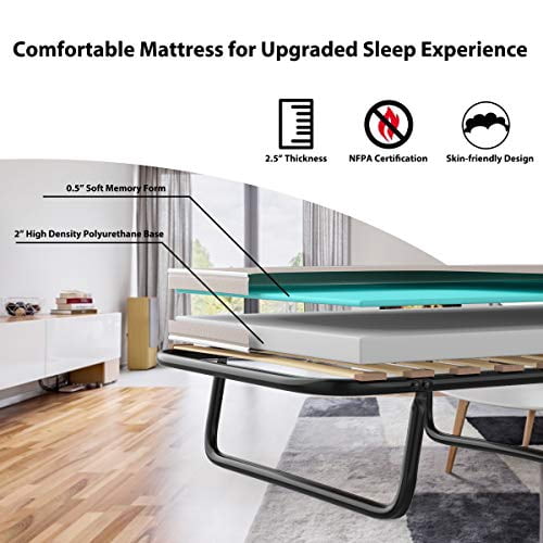 KOTEK Folding Bed with Mattress, Portable Guest Bed Cot Size w/Memory Foam Mattress & Wood Slat Support, Heavy Duty Steel Single Bed Frame for Bedroom & Office, Made in Italy