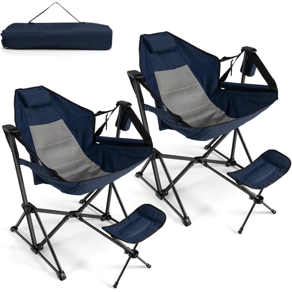 KOTEK Hammock Chair, Portable Camping Chair with Retractable Footrest, Adjustable Backrest, Headrest, Cup Holder & Carry Bag, Folding Rocking Chair for Outdoor Lawn Patio Travel Picnic Fishing (Navy)