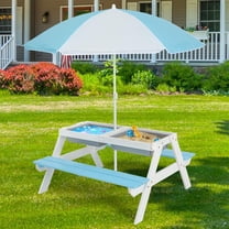 KOTEK Kids Picnic Table, 3 in 1 Sand and Water Table w/Detachable Tabletop, 2 Removable Play Boxes, Foldable & Height Adjustable Umbrella, Wood Sensory Table and Bench for Outdoors, Indoors (Blue)