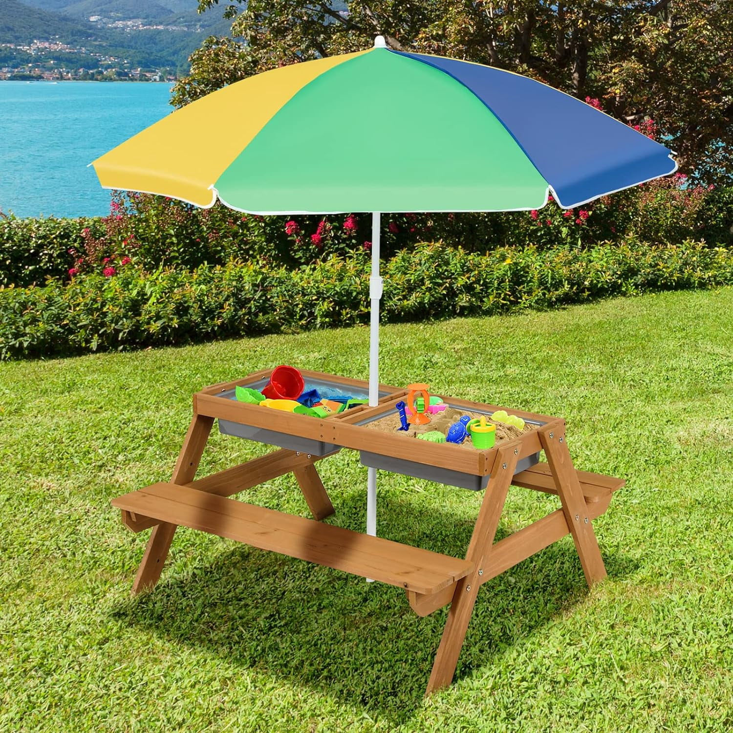 KOTEK Kids Picnic Table, 4 in 1 Sand and Water Table w/Detachable ...