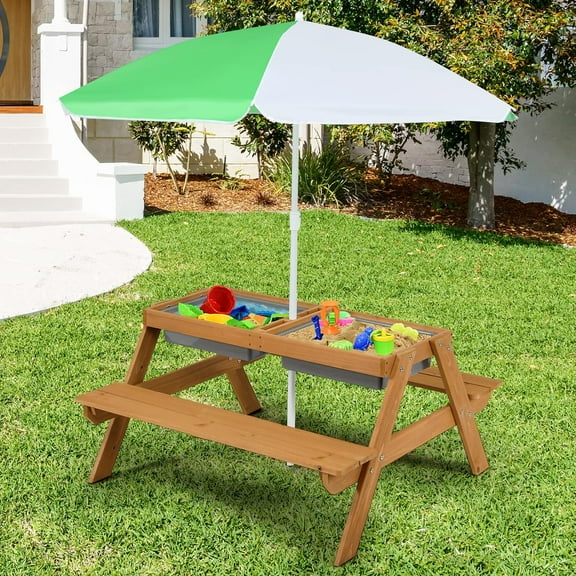 KOTEK Kids Picnic Table, 4 in 1 Sand and Water Table w/Detachable Tabletop, 2 Removable Play Boxes, Foldable & Height Adjustable Umbrella, Wood Sensory Table and  for Outdoors, Indoors (Natural)
