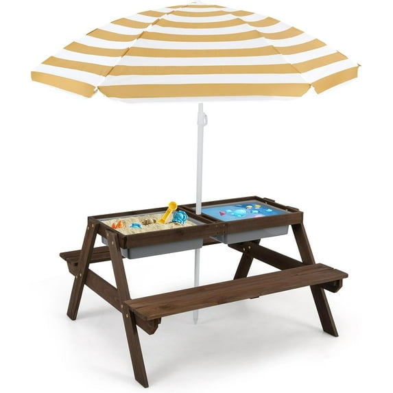 KOTEK Kids Picnic Table, 4 in 1 Sand and Water Tables w/Detachable Tabletop, 2 Removable Play Boxes, Foldable & Height Adjustable Umbrella, Wood Sensory Table and Bench for Outdoors, Indoors (Brown)