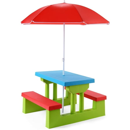 KOTEK Kids Picnic Table, Outdoor Kids Table and Bench Set w/Removable Umbrella, Plastic Children Patio Furniture, Toddler Picnic Tables for Backyard, Garden, Nursery, Gift for Boys Girls (Red)