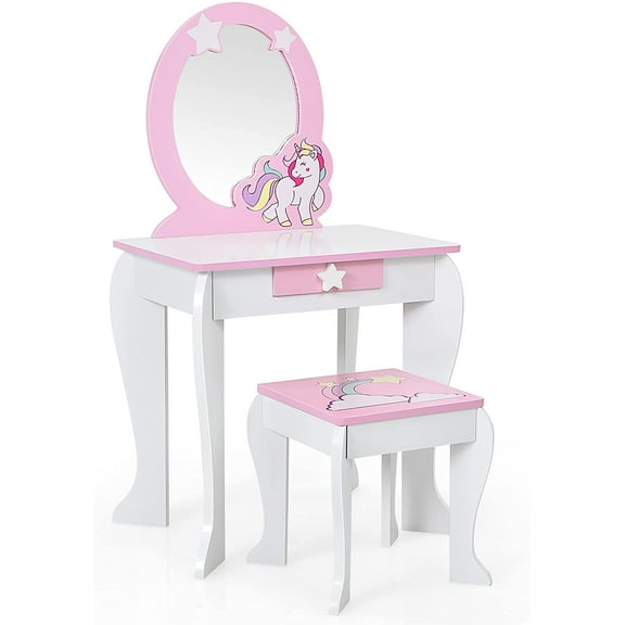 KOTEK Kids Vanity with Mirror and Stool, 2 in 1 Wooden  Makeup Dressing Table Set w/Detachable Top & Storage Drawer, Pretend Play Vanity Table Set for Girls (White Star)