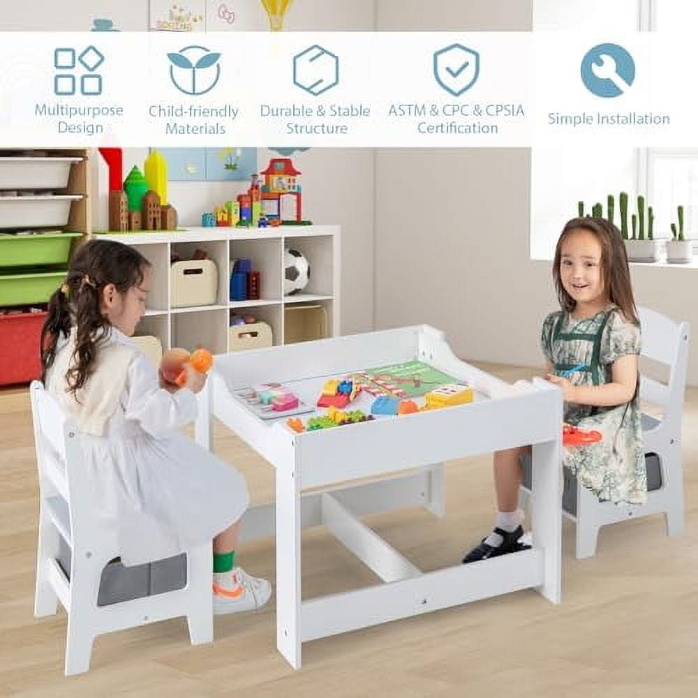 KOTEK Kids Wood Table and 2 Chairs Set with Blackboard & Storage ...
