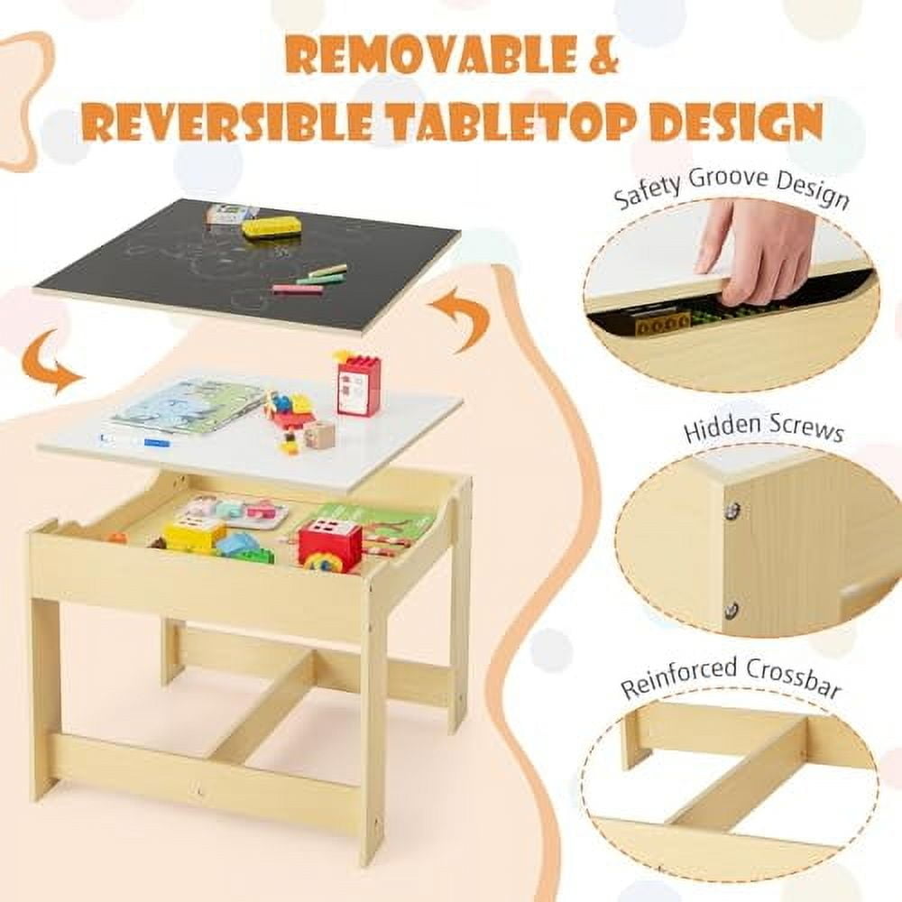 KOTEK Kids Wood Table and 2 Chairs Set with Blackboard & Storage ...