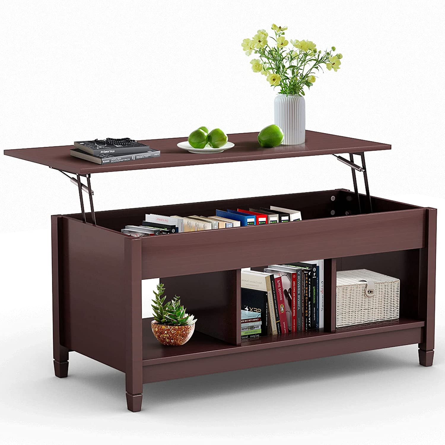KOTEK Lift Top Coffee Table with Hidden Compartment & Open Shelves ...