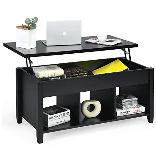 KOTEK Lift Top Coffee Table with Hidden Compartment & Open Shelves ...