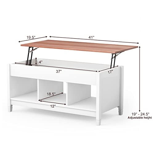 KOTEK Lift Top Coffee Table with Hidden Compartment & Open Shelves