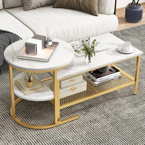KOTEK Nesting Coffee Table Set of 2, Detachable Rectangular Coffee Table & Small Round End Table Set, Faux Marble Pattern & Sturdy Metal Frame, Modern Nesting Tables for Living Room (Gold)
