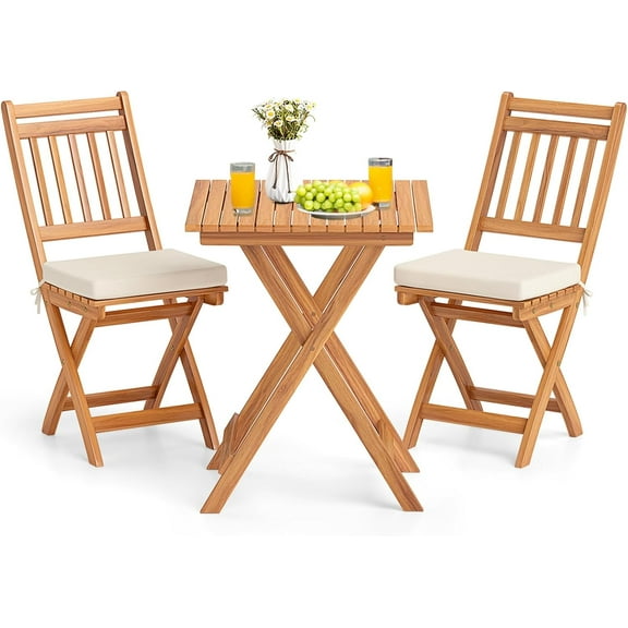KOTEK Outdoor Folding Bistro Set, 3 Pieces Acacia Wood Bistro Set with Soft Cushions, Patio Bistro Table and Chairs for Backyard, Porch, Poolside (Vertical Slats)