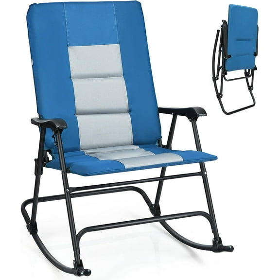 KOTEK Outdoor Rocking Chair, Folding Lawn Chair with Armrests & Padded High Backrest, Rocker Camping Chair for Patio Front Porch Backyard Garden Beach Travel, Supports 350 lbs (1, Blue)