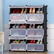 KOTEK Portable 12-Cube Shoe Rack, Stackable Cubes Storage Organizer Shoe Cabinet w/Doors, DIY Plastic 24-Pair Shoe Storage Tower Shelf for Entryway