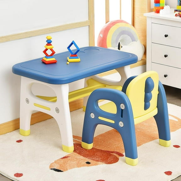 KOTEK Toddler Table and Chair Set, Cute Activity Table with Storage and Building Blocks, Dinosaur Shaped Armchair, Kids Table and Chair Set for Eating Reading Playing, Gift for Boys Girls (Blue)