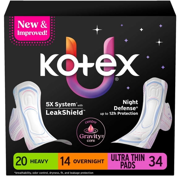 Kotex Ultra Thin Pads with Wings, Heavy and Overnight Absorbency, 34 Count