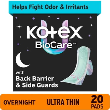 Kotex BioCare Ultra Thin Overnight Pads With Wings, Heavy Absorbency, 20 Count
