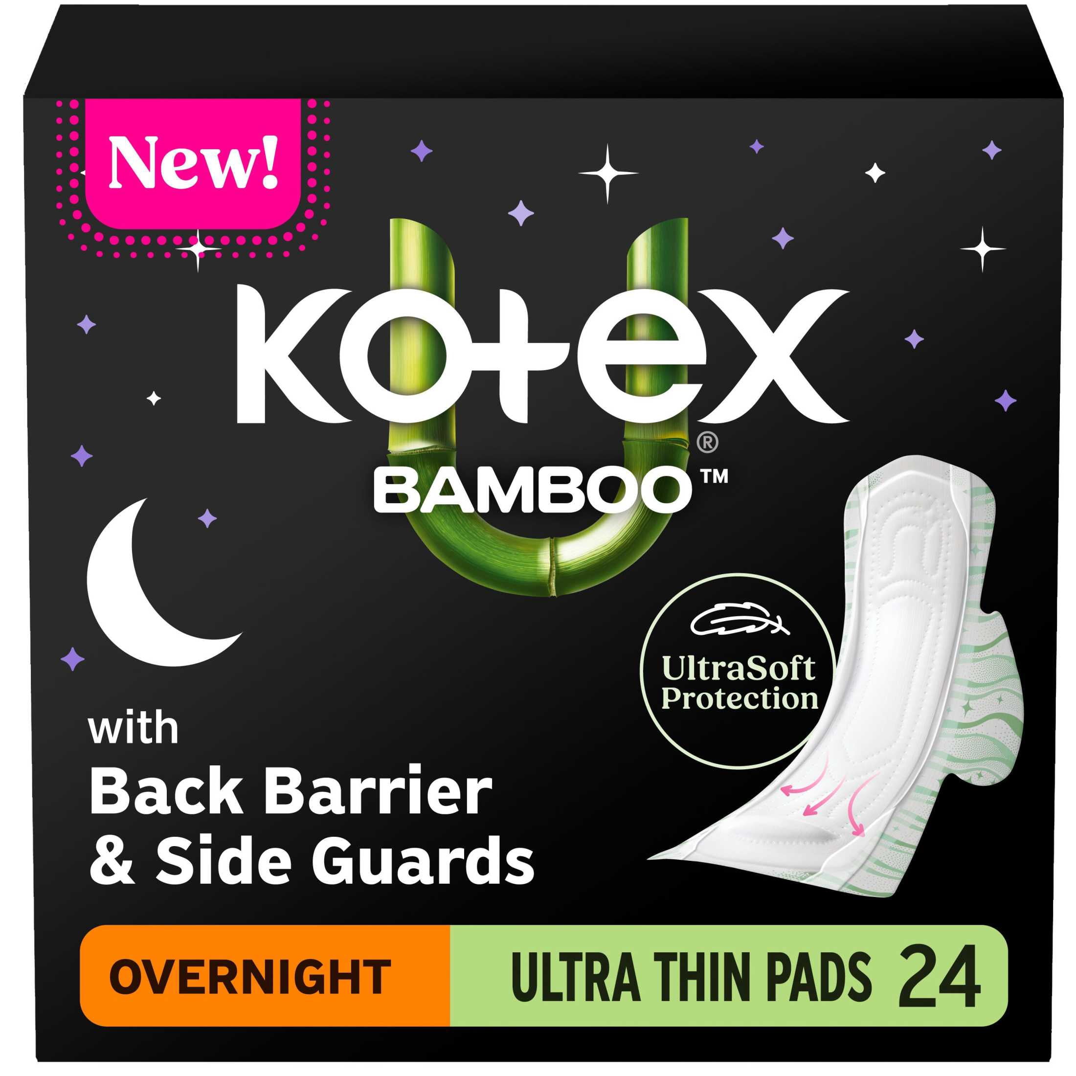Kotex Bamboo Ultra Thin Overnight Pads with Wings, 24 Count