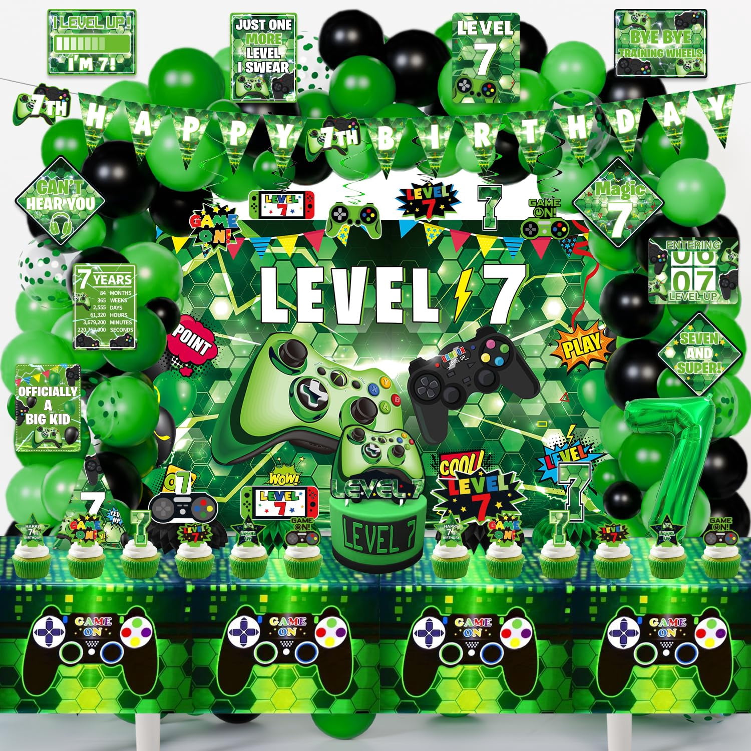 KOTLMIGHT 7th Birthday Decorations for Boys, 149Pcs Green Game level 7 ...