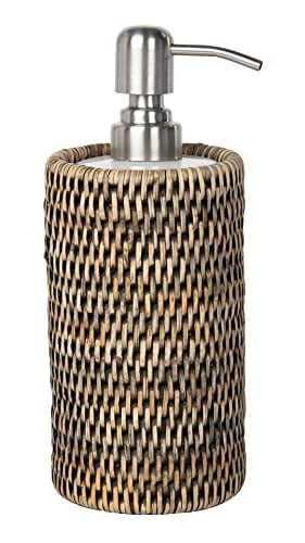 Black-Wash Round Rattan Liquid Soap Dispenser with Ceramic Bottle