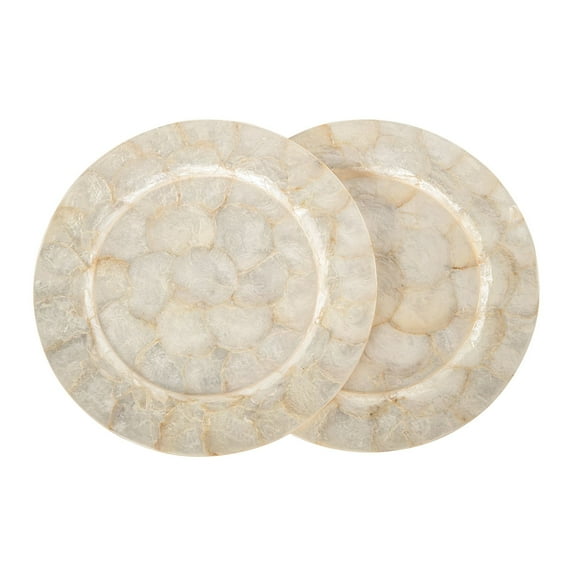 KOUBOO Round Capiz Seashell Charger Plates, Ivory-Gold-Plearlescent Rustic Water Hyacinth Decorative Charger Plater, Wedding, Party (Set of 2) 13 In