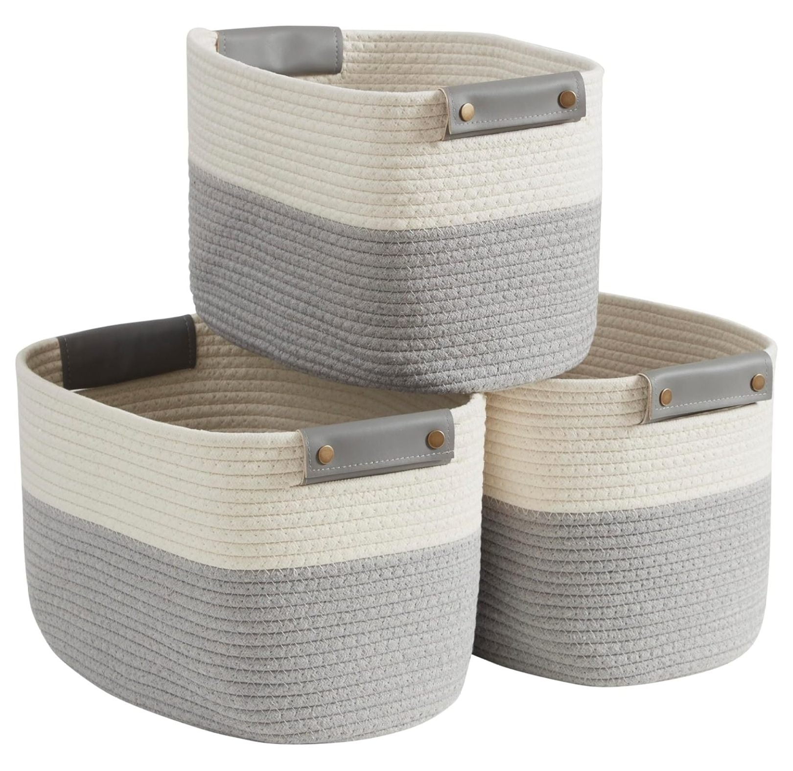 Gray and White Cotton Rope Storage Baskets with Handles, Set of 3