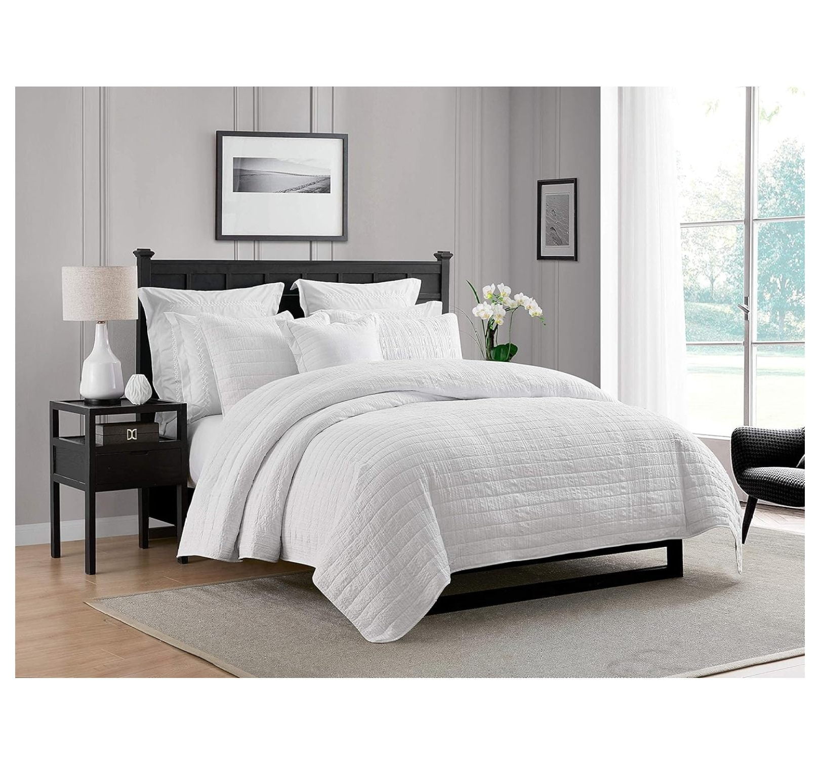 White Twin Microfiber Crinkle Quilt Set