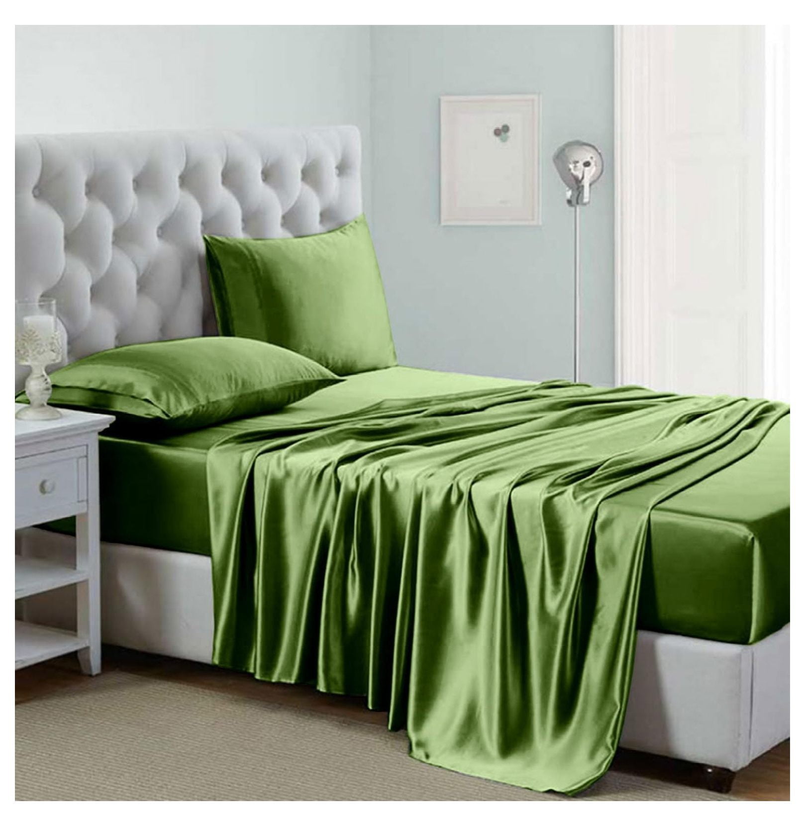 KOUROUU Silk Sheets, 4Piece Queen Size Bed Sheet Set with Deep Pockets