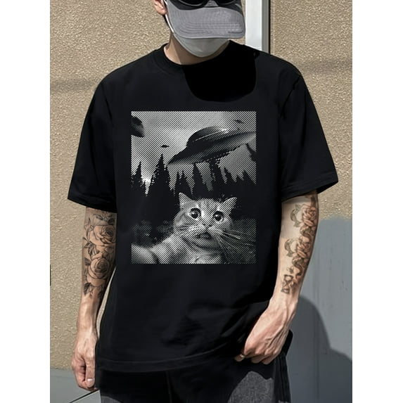 KOURRTER Men's & Women's Casual T-Shirt - Cute Cat & UFO Print, Short Sleeve, Loose Fit, Polyester Blend, Machine Washable - Ideal for Summer