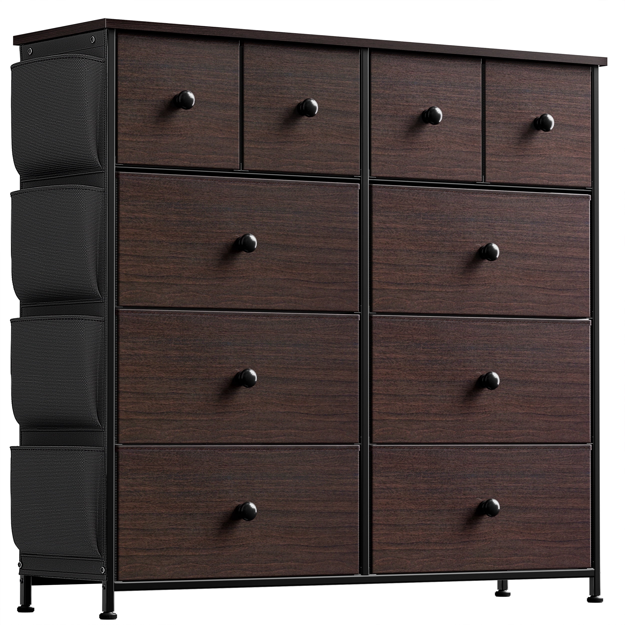 KOUSEI 10 Drawer Dresser,Fabric Dressers for Bedroom,Chest of Drawers with 4 Side Pockets,Storage Drawers,Brown