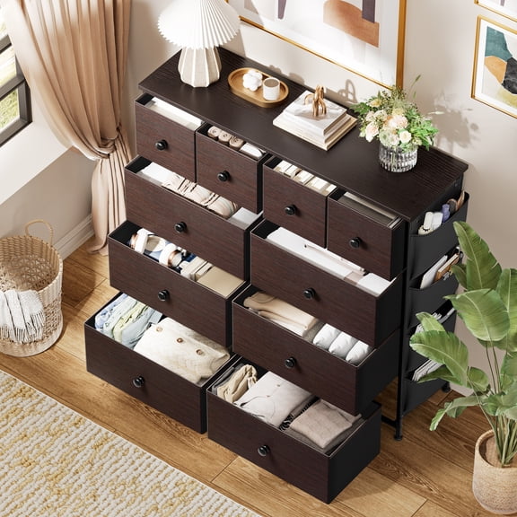 KOUSEI 10 Drawer Dresser,Fabric Dressers for Bedroom,Chest of Drawers with 4 Side Pockets,Storage Drawers,Brown