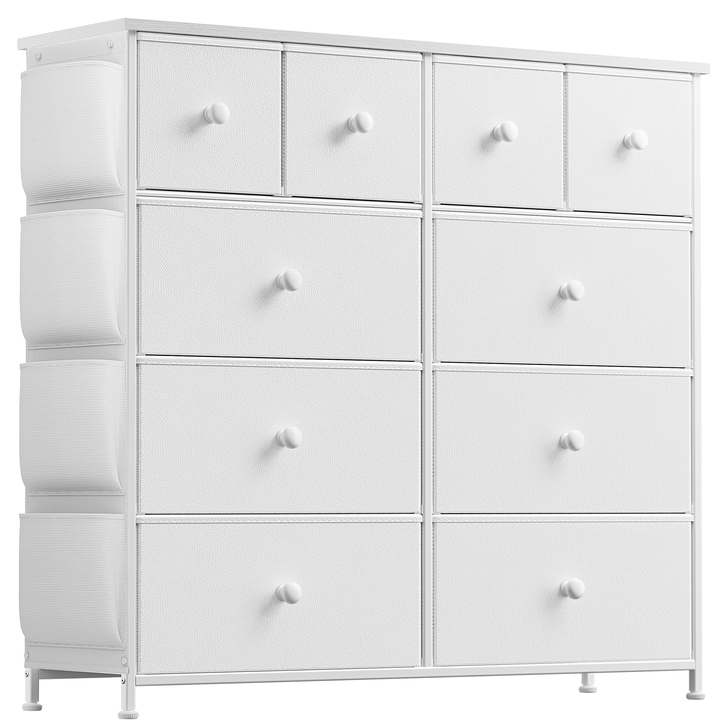 KOUSEI 10 Drawer Dresser,Fabric Dressers for Bedroom,Chest of Drawers with 4 Side Pockets,Storage Drawers,White