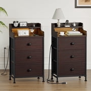 GUNAITO 3 Drawers Nightstand Set of 2 with Charging Station, Bedside Table with LED Light, Modern End Side Table for Bedroom Living Room，Brown