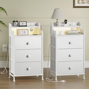GUNAITO 3 Drawers Nightstand Set of 2 with Charging Station, Bedside Table with LED Light, Modern End Side Table for Bedroom Living Room，White
