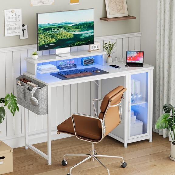 GUNAITO 47" Gaming Desk with LED Lights & Power Outlet,Computer desk with Glass Storage Shelves & Computer Holder,Carbon Fiber White