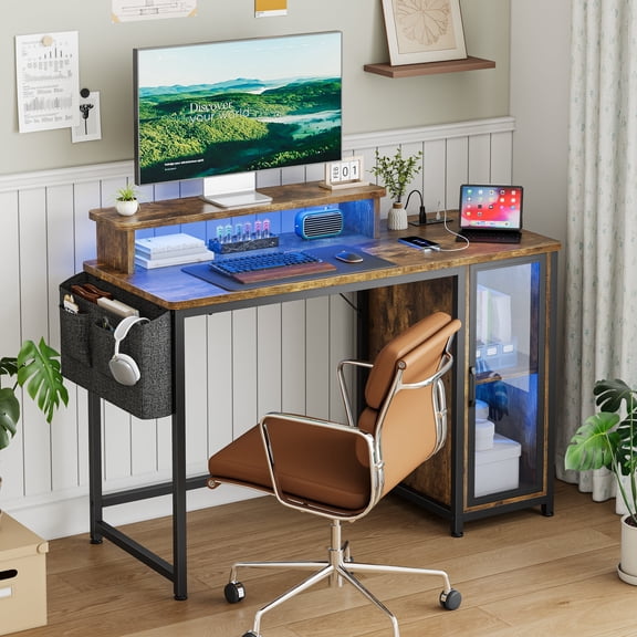 GUNAITO 47" Gaming Desk with LED Lights & Power Outlet,Computer desk with Glass Storage Shelves & Computer Holder,Rustic Brown