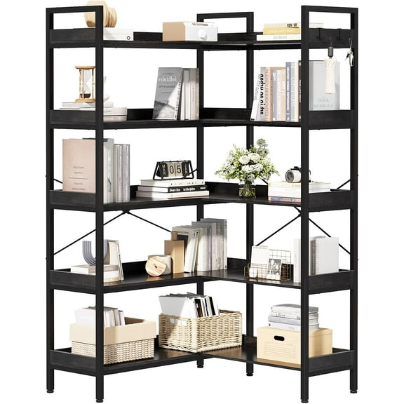 KOUSEI 5-Tier Bookshelf Reversible,Corner Bookcase 4 Hooks,65" Industrial Wooden Bookcase with Open Wide Shelves and Metal Frame for Living Room, Bedroom, Home Office,Black