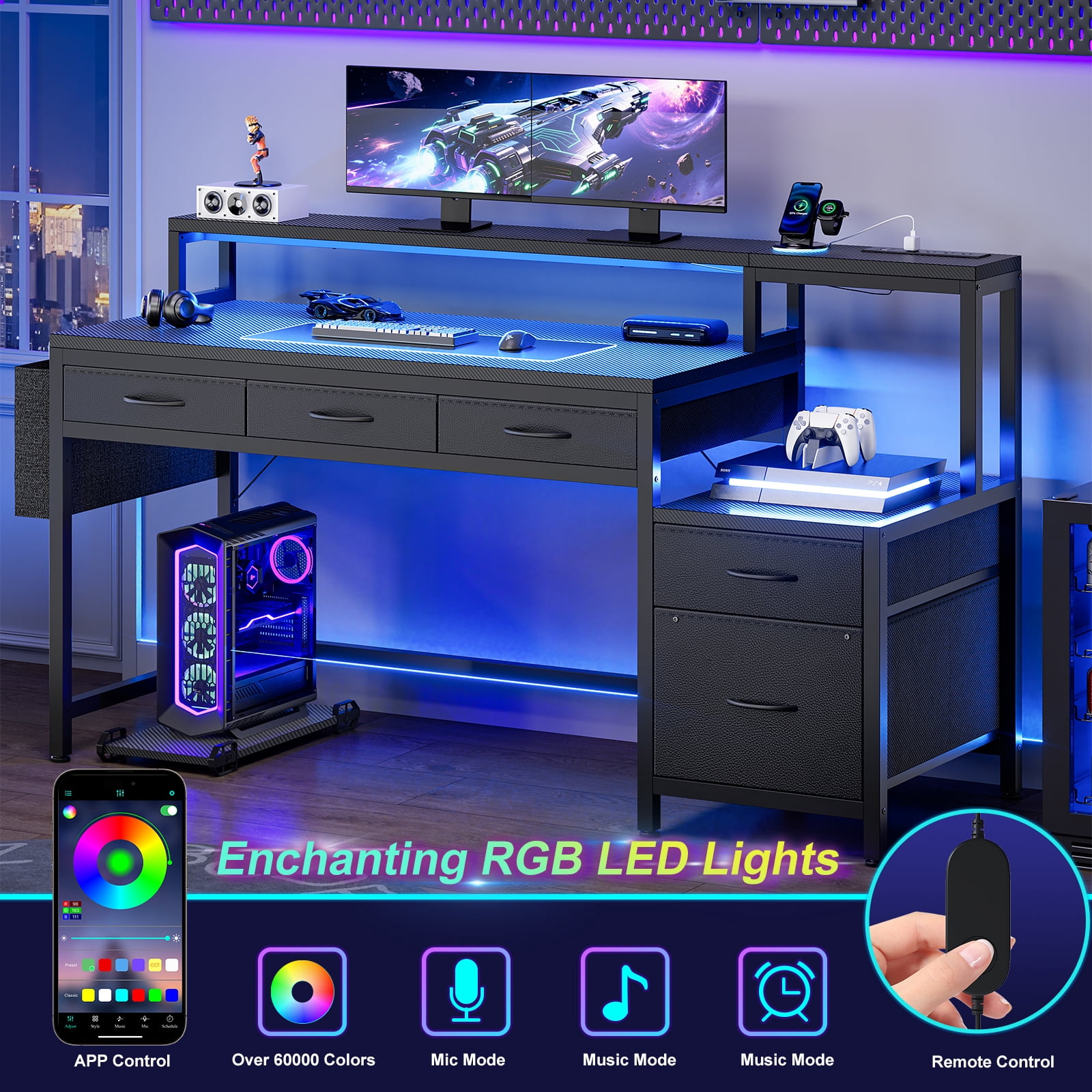 GUNAITO 60 inch Gaming Desk with 5 Fabric Drawers & Storage Shelves, Computer Desk with LED Lights & Charging Station, Carbon Fiber Black