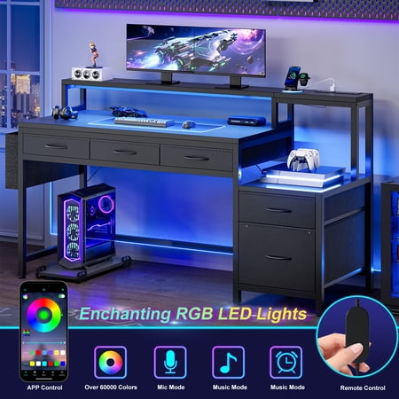 GUNAITO 60 inch Gaming Desk with 5 Fabric Drawers & Storage Shelves, Computer Desk with LED Lights & Charging Station, Carbon Fiber Black