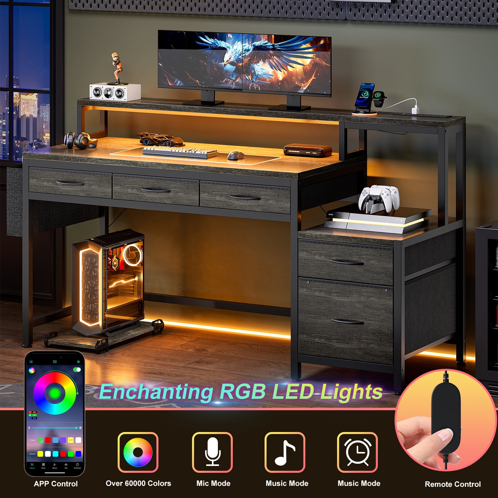 GUNAITO 60 inch Gaming Desk with 5 Fabric Drawers & Storage Shelves, Computer Desk with LED Lights & Charging Station,Gray