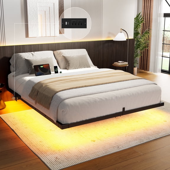 KOUSEI Floating Bed Frame Full Size Metal Platform Bed with LED Lights & Charging Station Modern Bed No Box Spring Required,Black