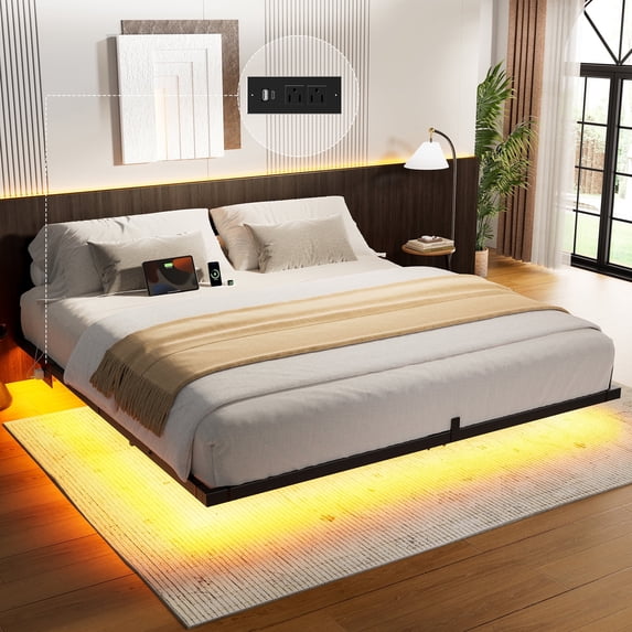 KOUSEI King Size Floating Bed Frame Metal Platform Bed with LED Lights & Charging Station Modern Bed No Box Spring Required,Black
