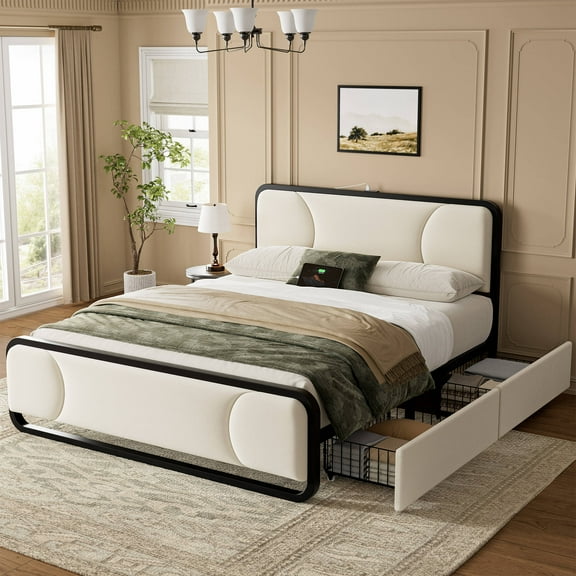 GUNAITO Full Size Bed Frame with Headboard and 2 Storage Drawers Velvet Upholstered Bed Frame with Charging Station, Beige