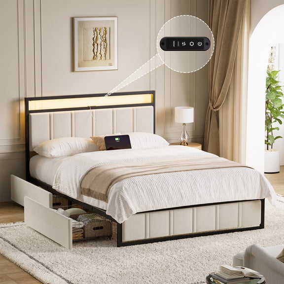 GUNAITO Full Bed Frame with Headboard, Platform Bed with 2 Drawers, Velvet Upholstered Bed Frame with LED Lights & Charging station，Beige