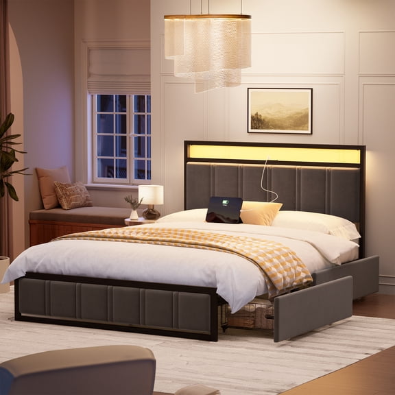 GUNAITO Full Bed Frame with Headboard, Platform Bed with 2 Drawers, Velvet Upholstered Bed Frame with LED Lights & Charging station,Dark Grey