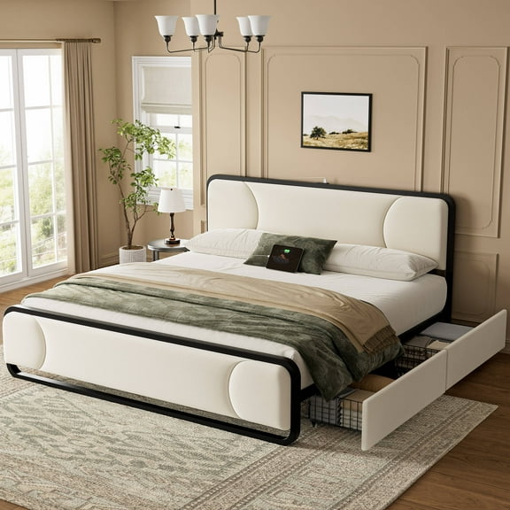 GUNAITO King Size Bed Frame with Headboard and 2 Storage Drawers Velvet Upholstered Bed Frame with Charging Station, Beige
