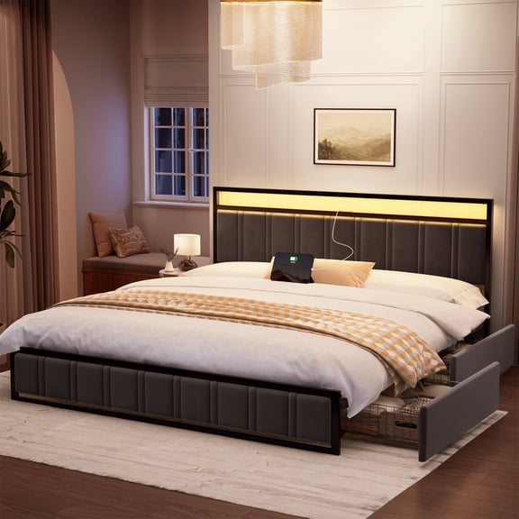 GUNAITO King Bed Frame with Headboard, Platform Bed with 2 Drawers, Velvet Upholstered Bed Frame with LED Lights & Charging station，Dark Grey